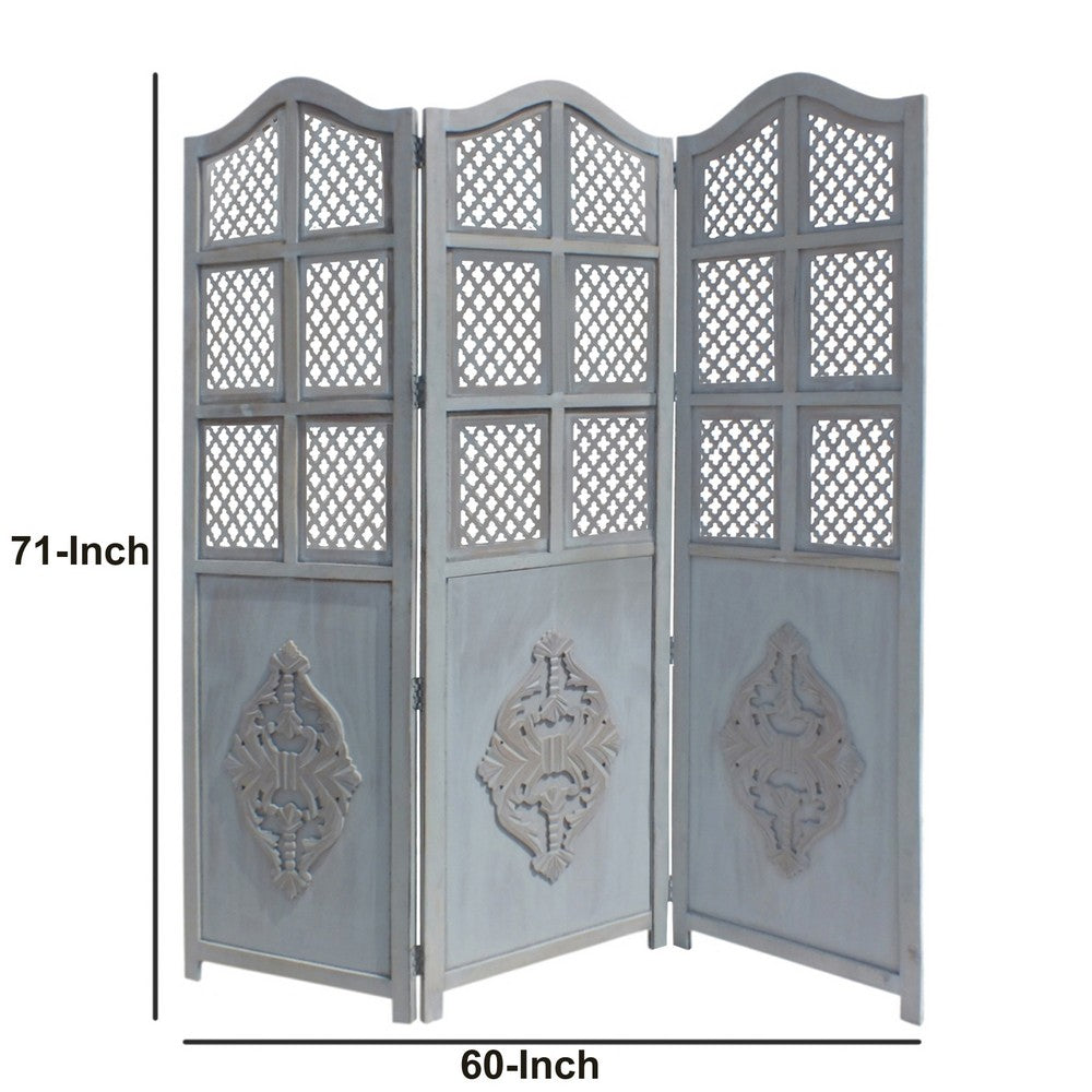 Three Panel Wooden Room Divider with Traditional Carvings and Cutouts, Blue - UPT-164564