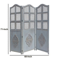 Three Panel Wooden Room Divider with Traditional Carvings and Cutouts, Blue - UPT-164564