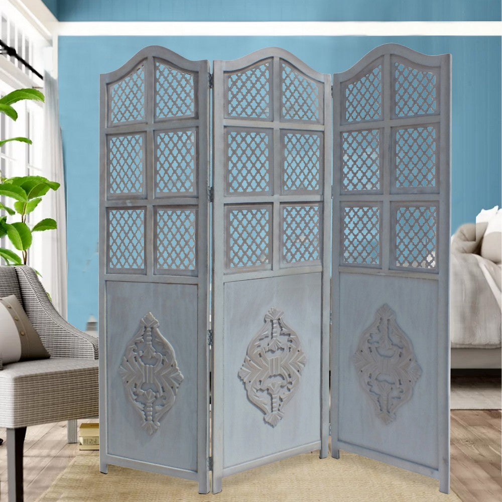 Three Panel Wooden Room Divider with Traditional Carvings and Cutouts, Blue - UPT-164564