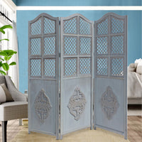 Three Panel Wooden Room Divider with Traditional Carvings and Cutouts, Blue - UPT-164564