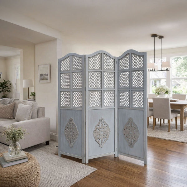 Three Panel Wooden Room Divider with Traditional Carvings and Cutouts, Blue - UPT-164564