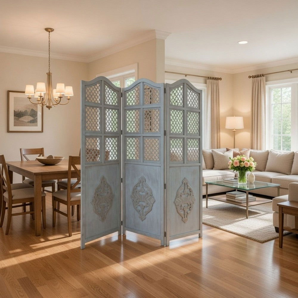 Three Panel Wooden Room Divider with Traditional Carvings and Cutouts, Blue - UPT-164564