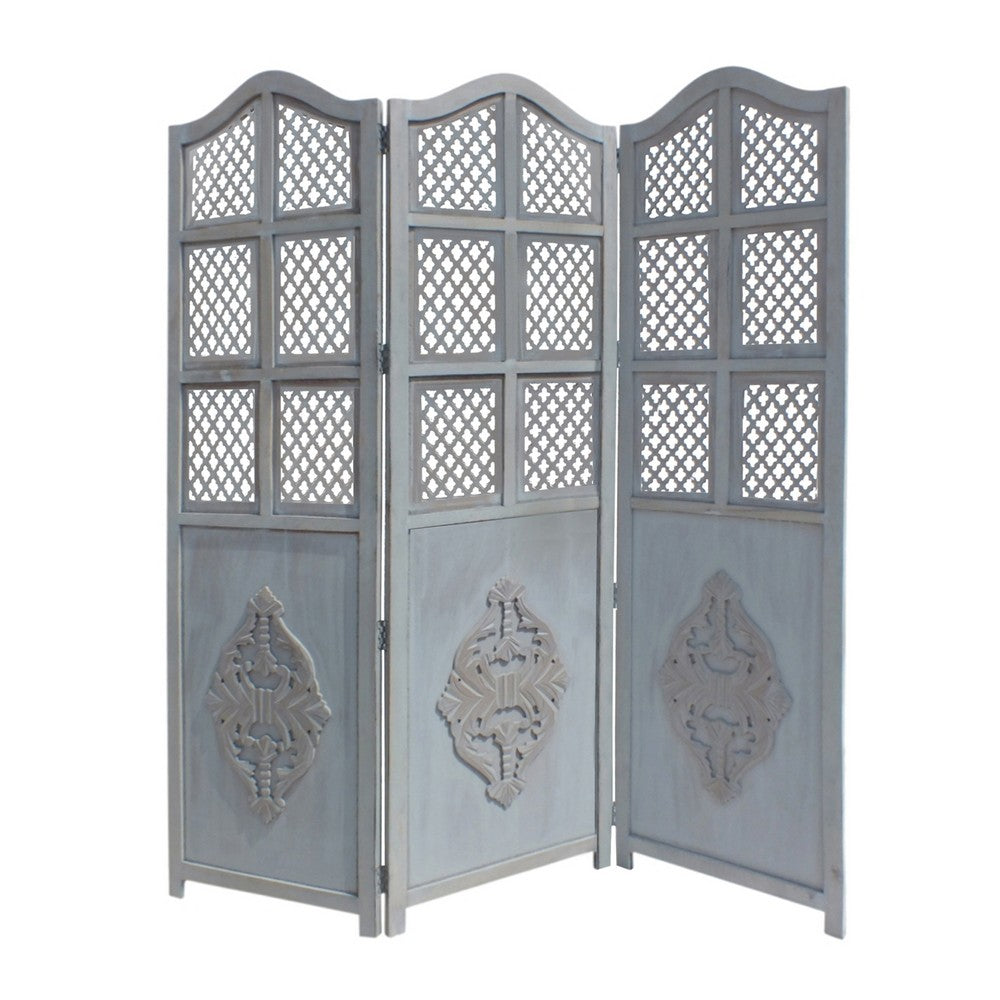 Three Panel Wooden Room Divider with Traditional Carvings and Cutouts, Blue - UPT-164564