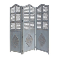 Three Panel Wooden Room Divider with Traditional Carvings and Cutouts, Blue - UPT-164564