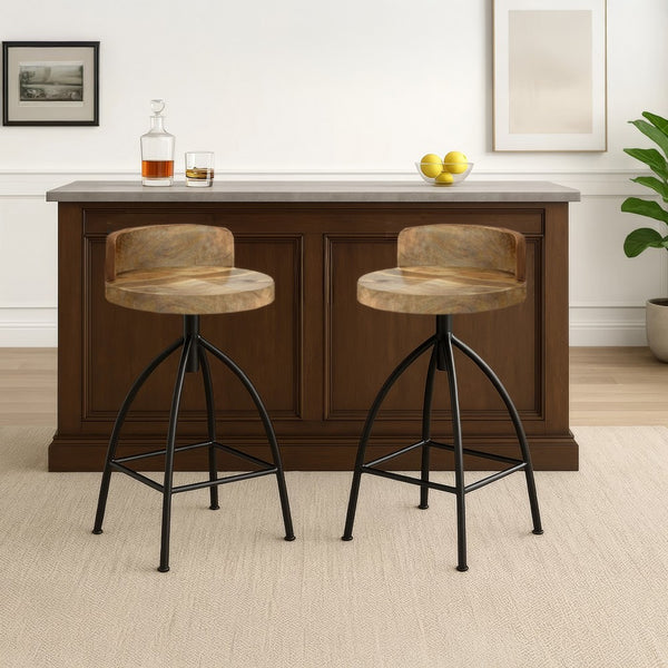 Pia 32-35 Extra Tall Adjustable Barstool, Set of 2, Natural Brown Mango Wood Seat, Black Iron Frame - UPT-165868-2