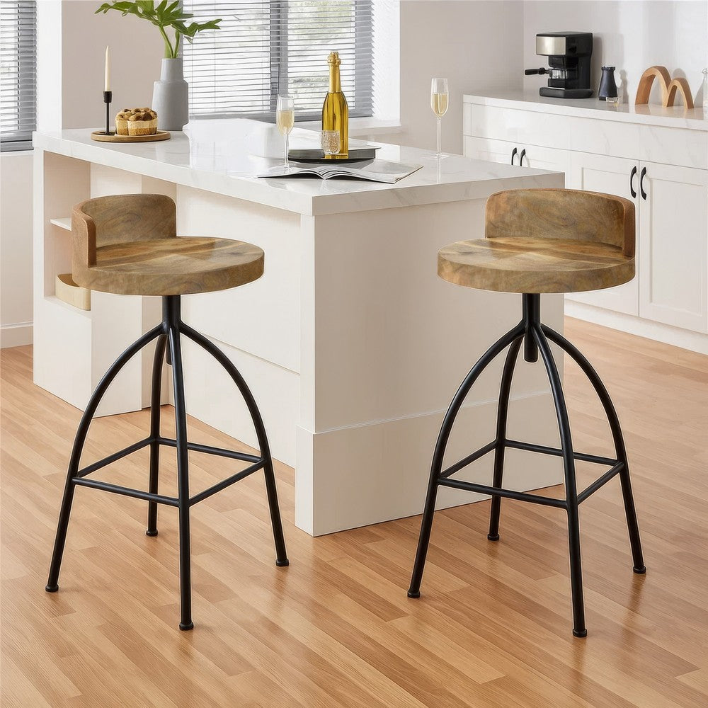 Pia 32-35 Extra Tall Adjustable Barstool, Natural Brown Mango Wood Seat, Black Iron Frame  - UPT-165868