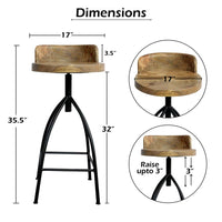 Pia 32-35 Extra Tall Adjustable Barstool, Natural Brown Mango Wood Seat, Black Iron Frame  - UPT-165868