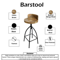 Pia 32-35 Extra Tall Adjustable Barstool, Natural Brown Mango Wood Seat, Black Iron Frame  - UPT-165868