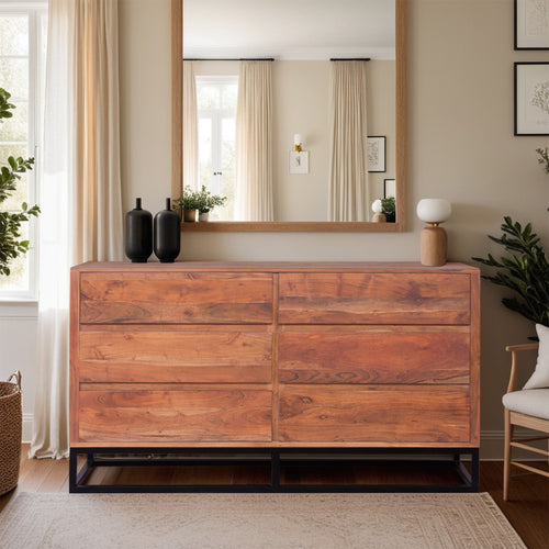 The Urban Port Modern Acacia Wood Dresser or Display Unit With Metal Base,  Walnut Brown and Black - UPT-182996