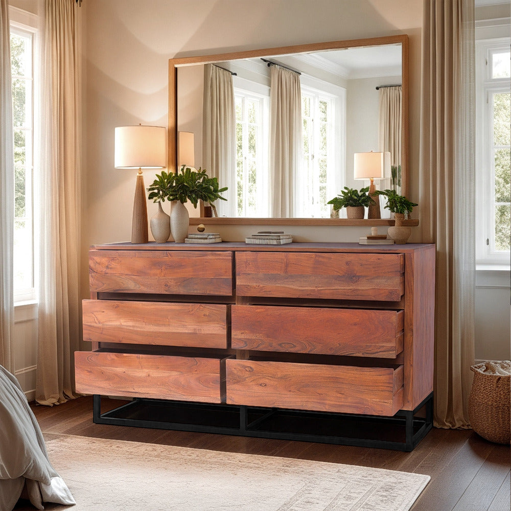 benzara Modern Acacia Wood Dresser or Display Unit With Metal Base Walnut Brown and Black - UPT-182996