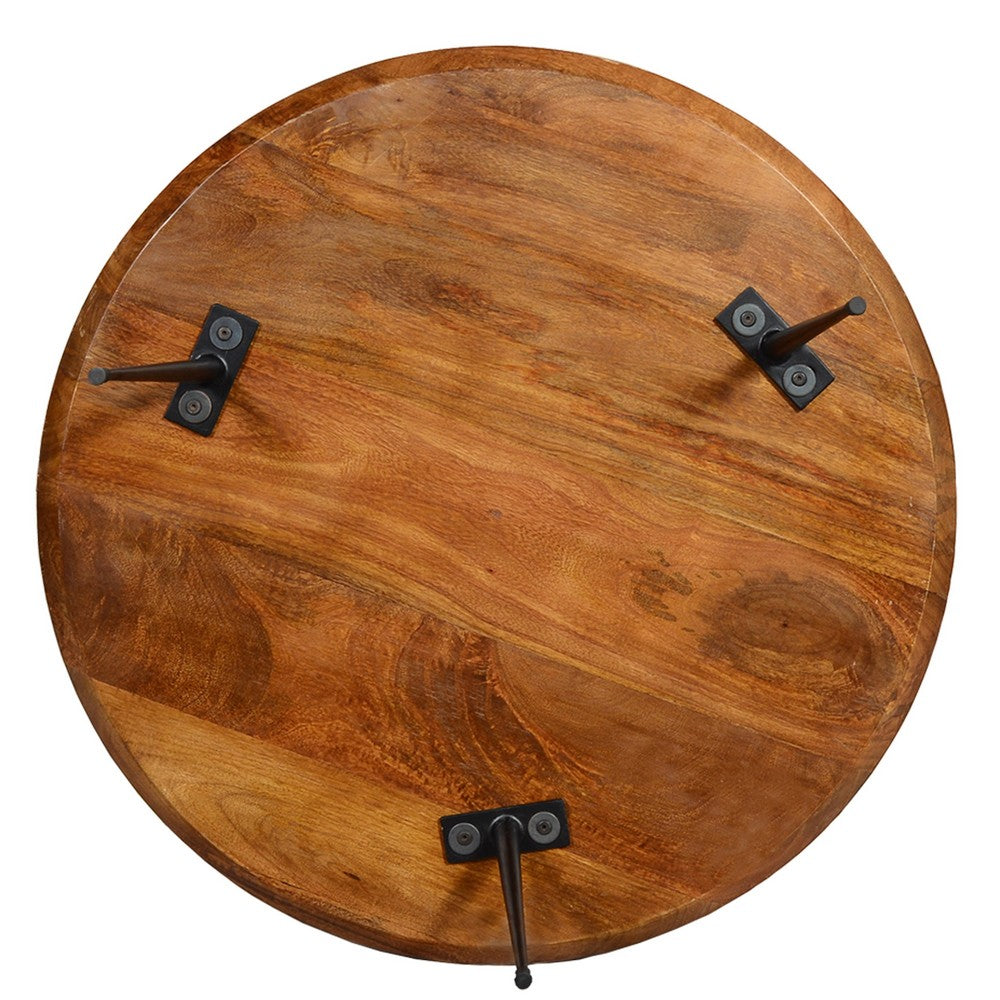 Gia Handcrafted Round Mango Wood  Coffee Table with Tray Top,  Dark Walnut Brown, Black Iron Legs- UPT-183000
