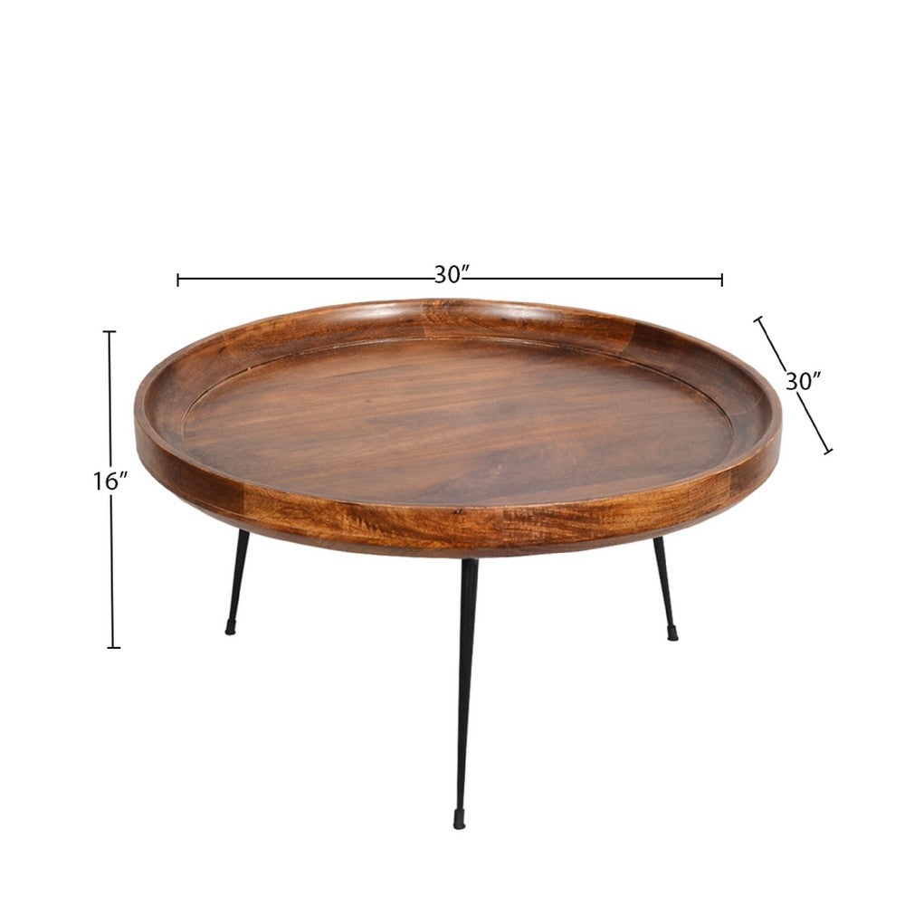 Gia Handcrafted Round Mango Wood  Coffee Table with Tray Top,  Dark Walnut Brown, Black Iron Legs- UPT-183000