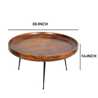 Gia Round Mango Wood Coffee Table With Splayed Metal Legs, Brown and Black- UPT-183000