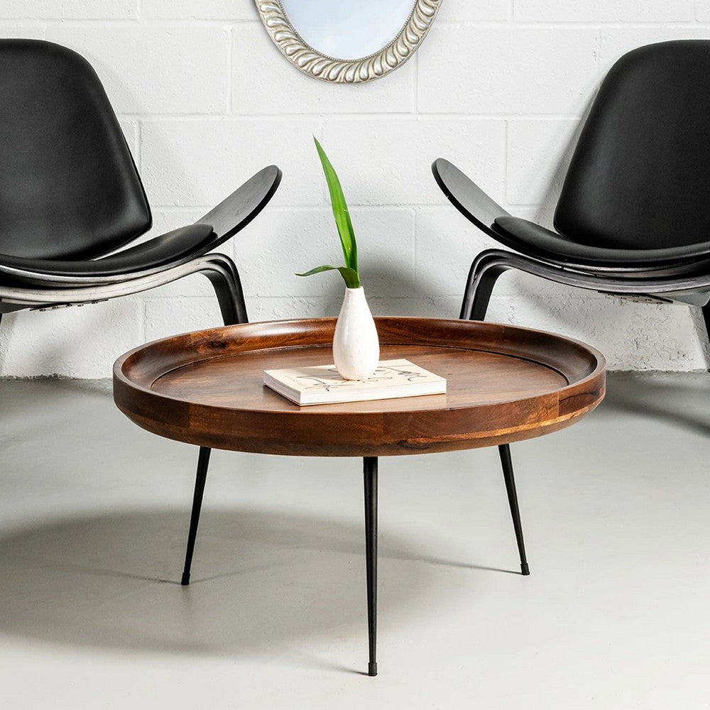 Gia Round Mango Wood Coffee Table With Splayed Metal Legs, Brown and Black- UPT-183000