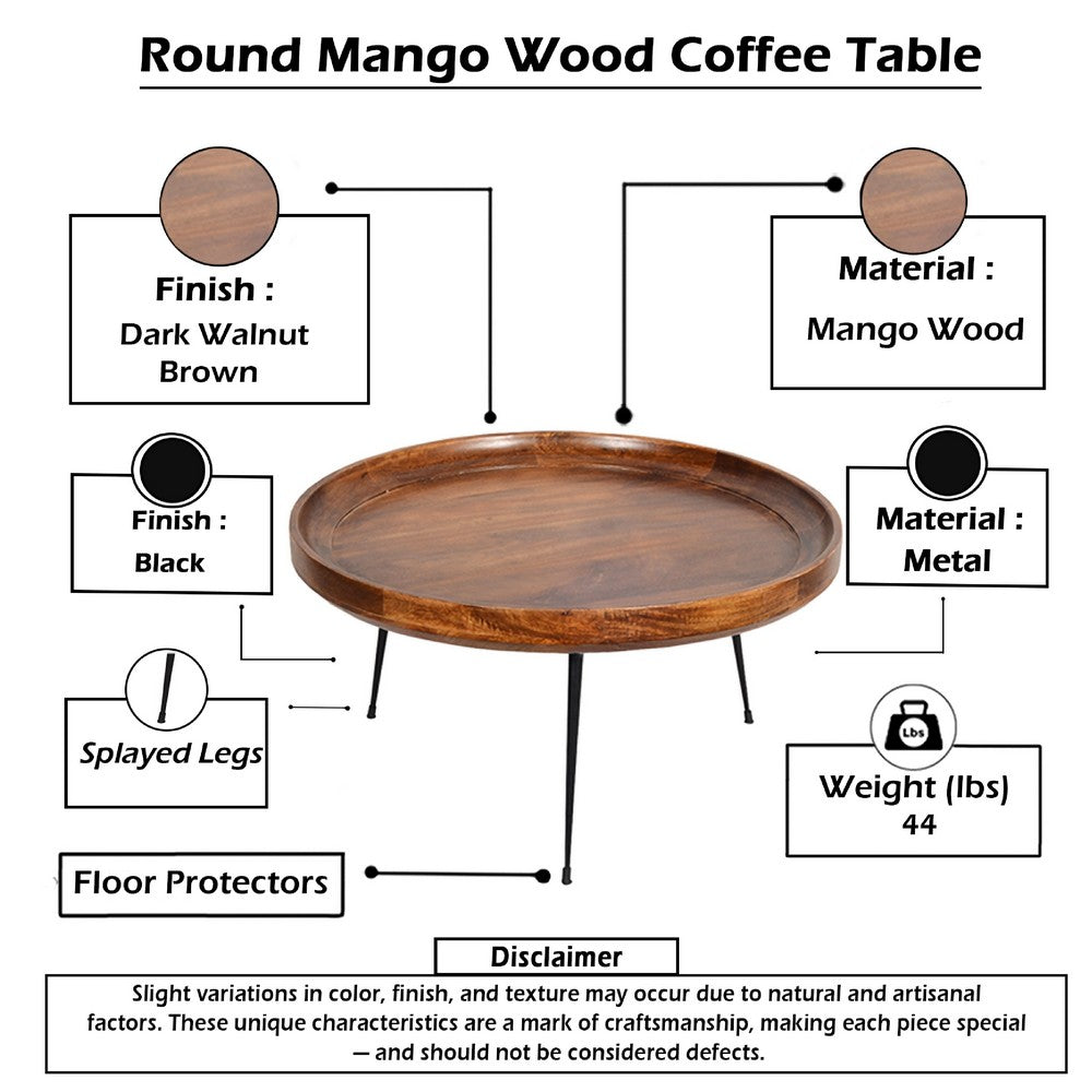 Gia Handcrafted Round Mango Wood  Coffee Table with Tray Top,  Dark Walnut Brown, Black Iron Legs- UPT-183000