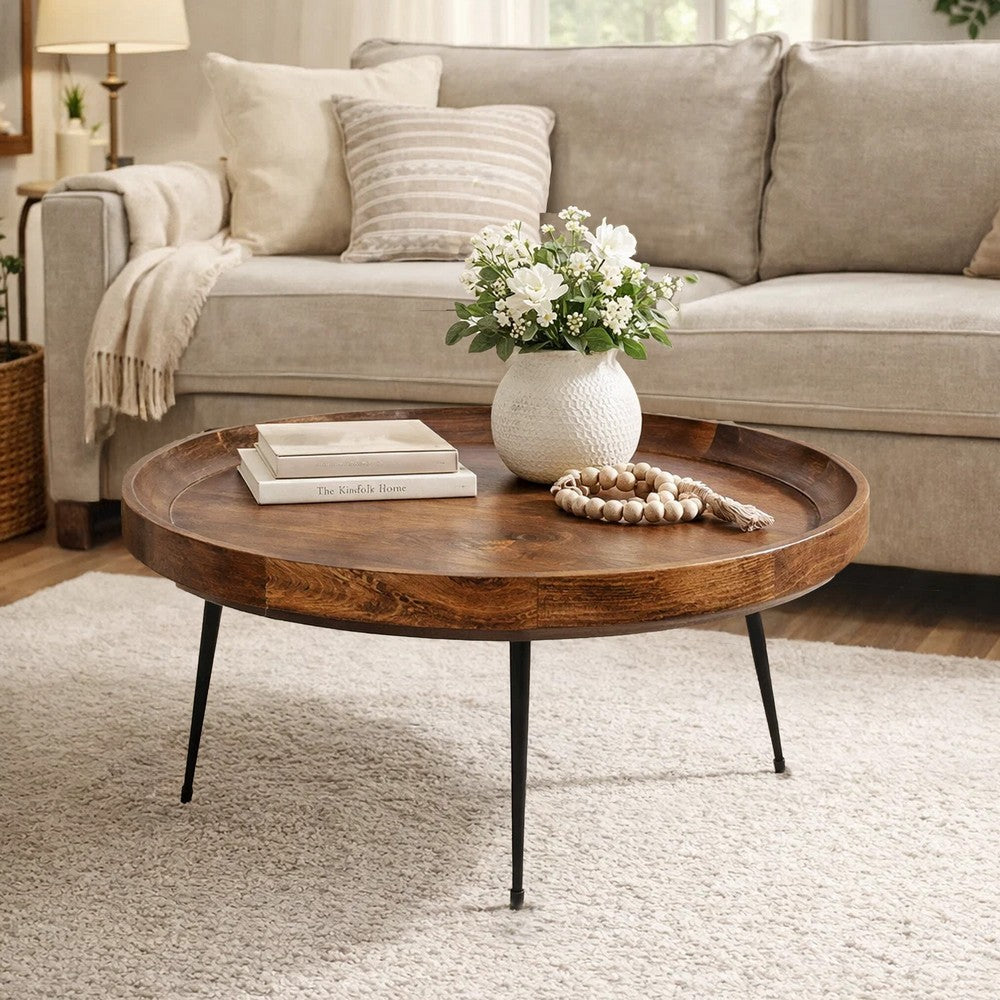 Gia Handcrafted Round Mango Wood  Coffee Table with Tray Top,  Dark Walnut Brown, Black Iron Legs- UPT-183000