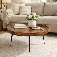 Gia Handcrafted Round Mango Wood  Coffee Table with Tray Top,  Dark Walnut Brown, Black Iron Legs- UPT-183000