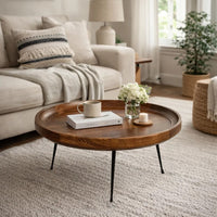Gia Handcrafted Round Mango Wood  Coffee Table with Tray Top,  Dark Walnut Brown, Black Iron Legs- UPT-183000