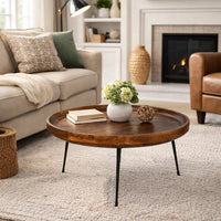 Gia Handcrafted Round Mango Wood  Coffee Table with Tray Top,  Dark Walnut Brown, Black Iron Legs- UPT-183000