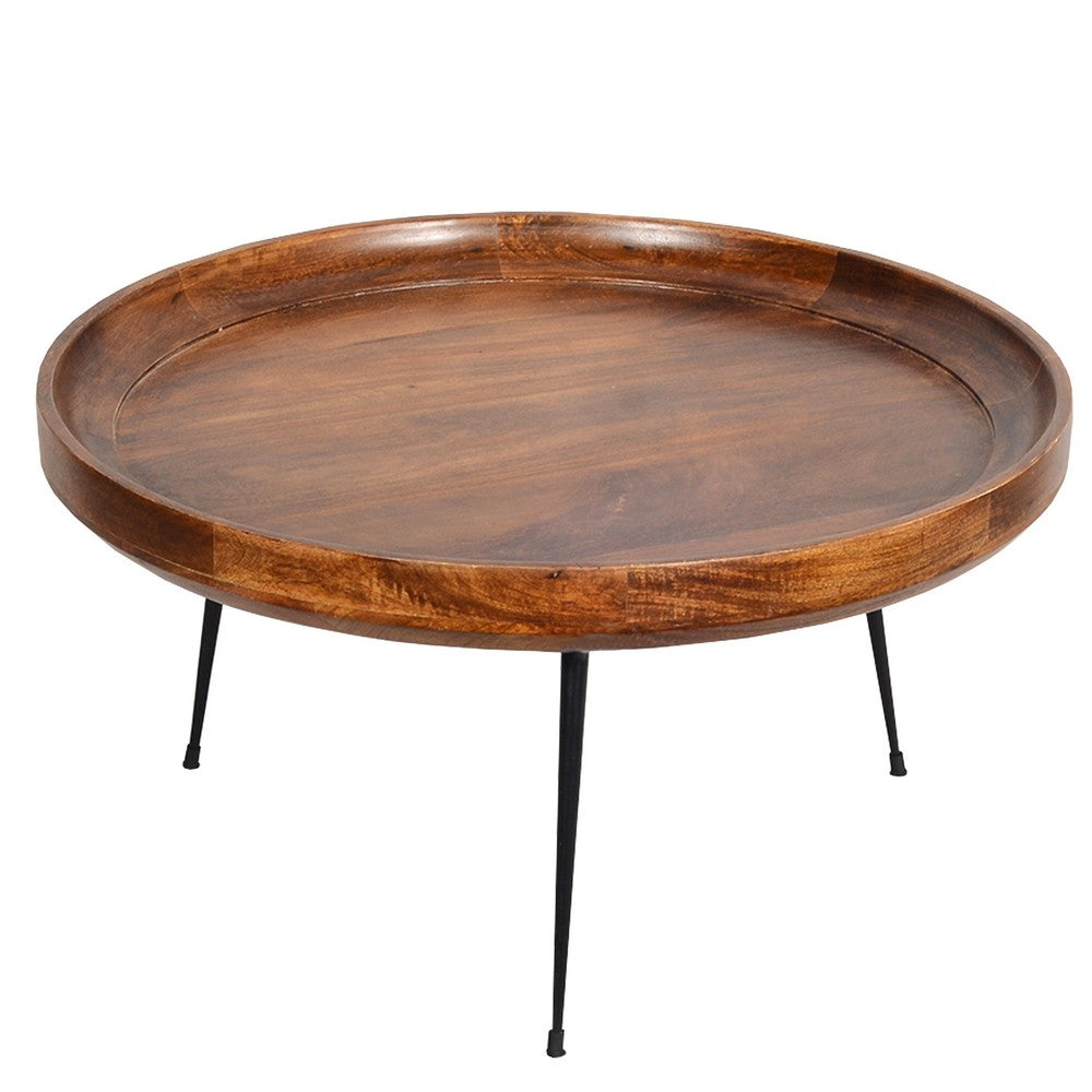 Gia Round Mango Wood Coffee Table With Splayed Metal Legs, Brown and Black- UPT-183000