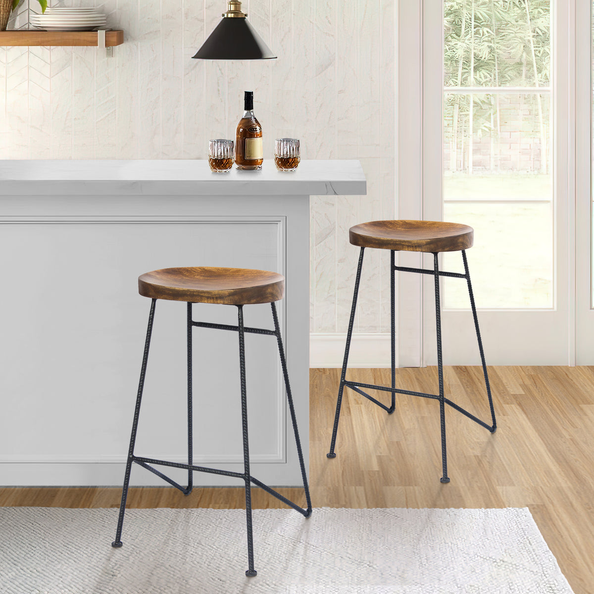 Jael 28 Inch Bar Stool with Mango Wood Saddle Seat, Iron Rod Legs, Brown and Black - UPT-183797