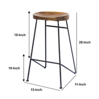 Jael 28 Inch Bar Stool with Mango Wood Saddle Seat, Iron Rod Legs, Brown and Black - UPT-183797