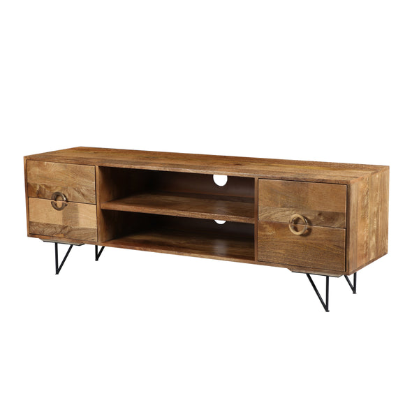 63 Inch Mango Wood TV Cabinet with Spacious Storage, Natural Brown and Black - UPT-195118