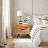 2 Drawer Wooden Nightstand with Metal Angled Legs, Black and Brown - UPT-195128