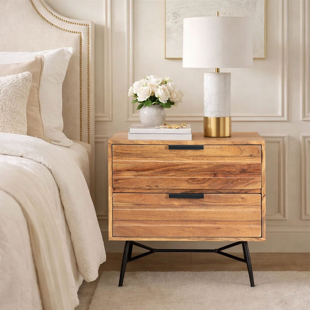 2 Drawer Wooden Nightstand with Metal Angled Legs, Black and Brown - UPT-195128