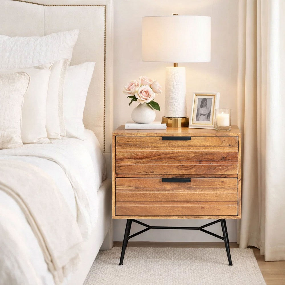 2 Drawer Wooden Nightstand with Metal Angled Legs, Black and Brown - UPT-195128