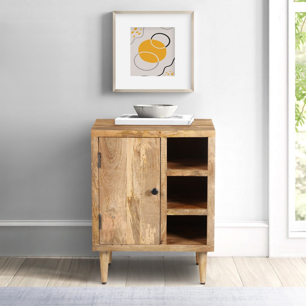 27 Inch Mango Wood Side Table, Open Cubbies, 1 Door Cabinet, Natural Brown By The Urban Port