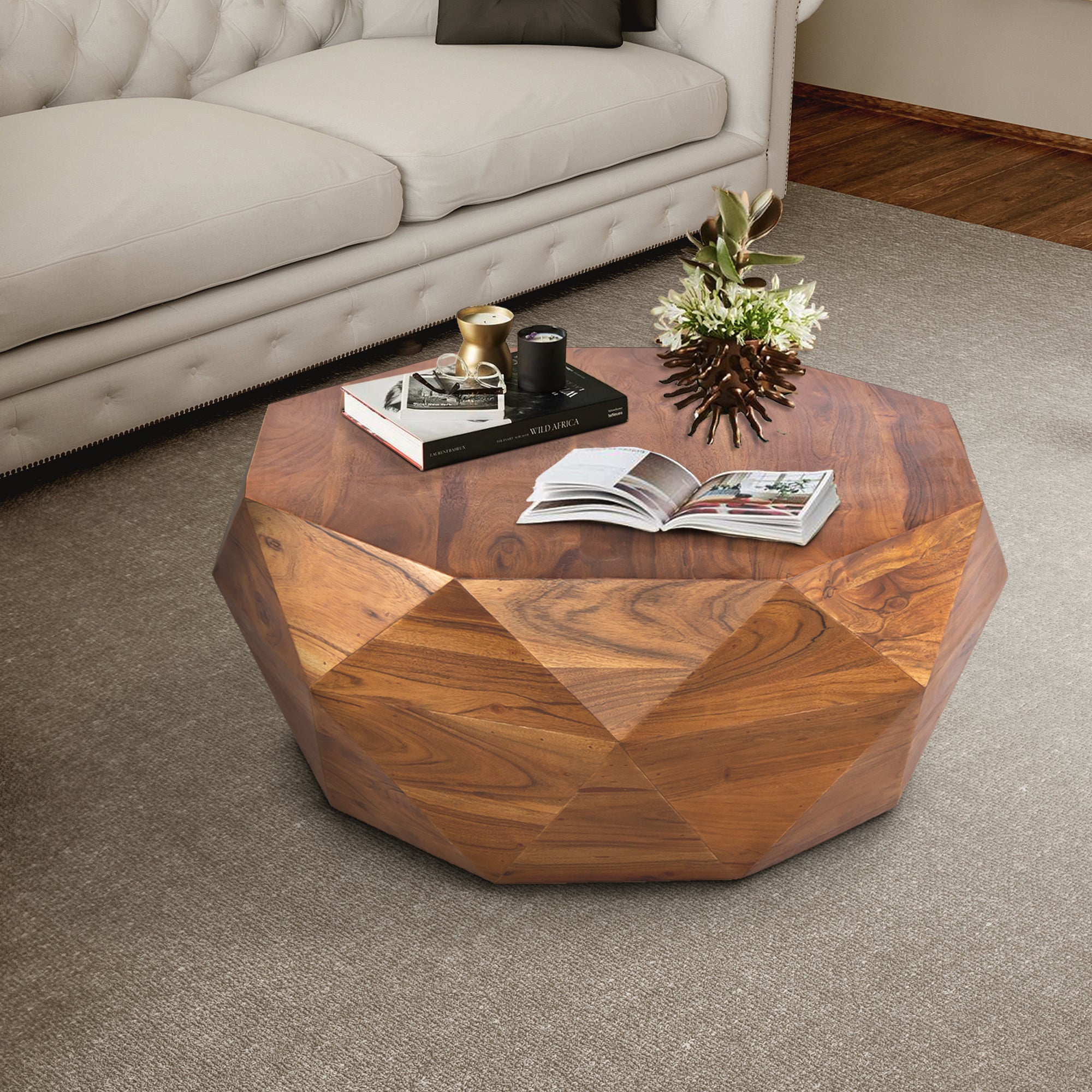 33 Inch Diamond Shape Acacia Wood Coffee Table With Smooth Top Dark Brown UPT 196015