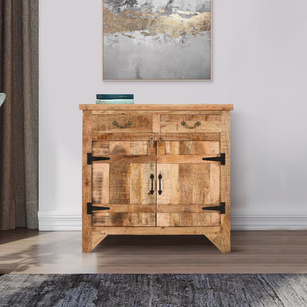 39 Inch Artisanal Farmhouse Style 2 Drawer Mango Wood Cabinet Console with 2 Door Storage, Rustic Brown - UPT-197307