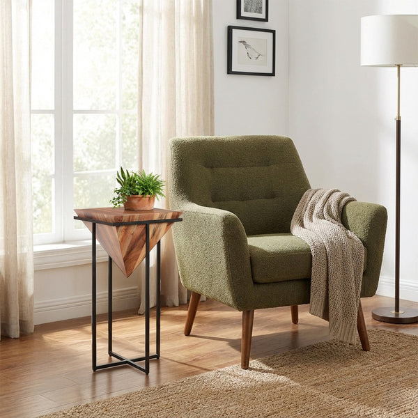 Ida 30 Inch Pyramid Shape Acacia Wood Side Table With Cross Iron Base, Brown and Black - UPT-197870