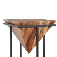 Ida 30 Inch Pyramid Shape Acacia Wood Side Table With Cross Iron Base, Brown and Black - UPT-197870