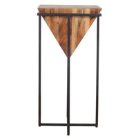 Ida 30 Inch Pyramid Shape Acacia Wood Side Table With Cross Iron Base, Brown and Black - UPT-197870