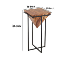 Ida 30 Inch Pyramid Shape Acacia Wood Side Table With Cross Iron Base, Brown and Black - UPT-197870