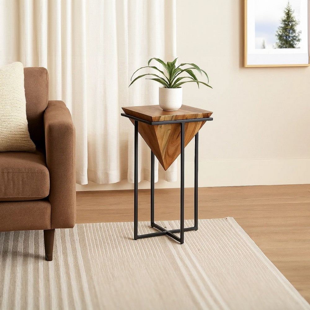 Ida 30 Inch Pyramid Shape Acacia Wood Side Table With Cross Iron Base, Brown and Black - UPT-197870