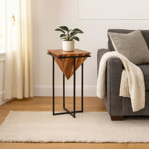 Ida 30 Inch Pyramid Shape Acacia Wood Side Table With Cross Iron Base, Brown and Black - UPT-197870
