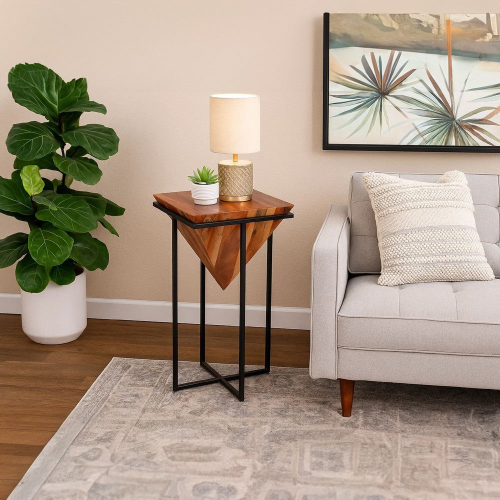 Ida 30 Inch Pyramid Shape Acacia Wood Side Table With Cross Iron Base, Brown and Black - UPT-197870