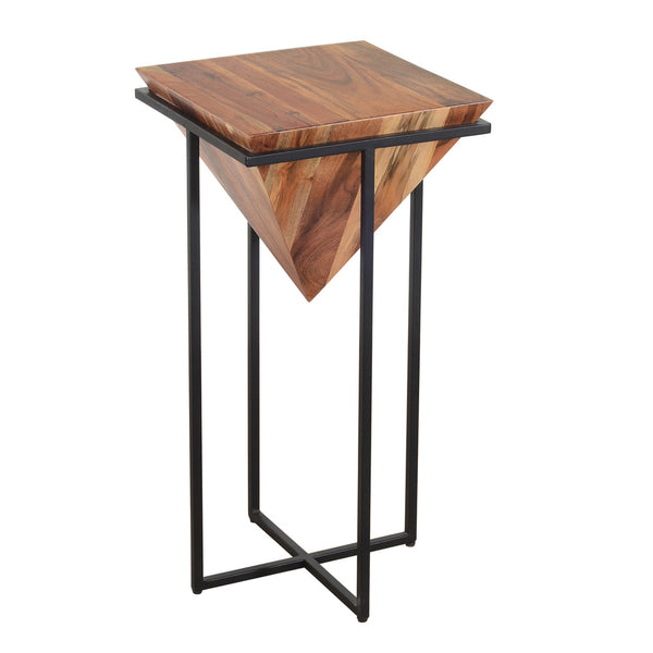 Ida 30 Inch Pyramid Shape Acacia Wood Side Table With Cross Iron Base, Brown and Black - UPT-197870