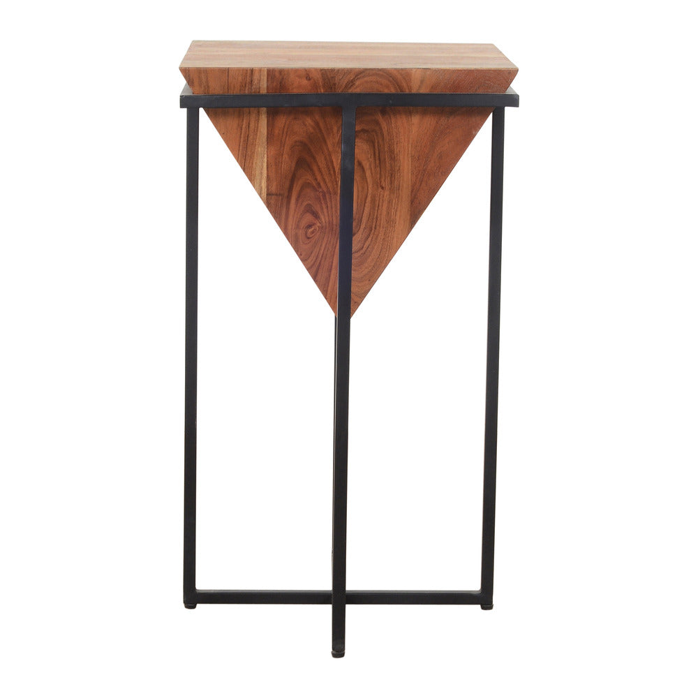 Ida 26 Inch Pyramid Shape Acacia Wood Side Table With Cross Iron Base, Brown and Black - UPT-199996