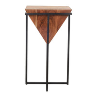 Ida 26 Inch Pyramid Shape Acacia Wood Side Table With Cross Iron Base, Brown and Black - UPT-199996