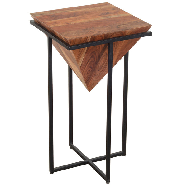 Ida 26 Inch Pyramid Shape Acacia Wood Side Table With Cross Iron Base, Brown and Black - UPT-199996