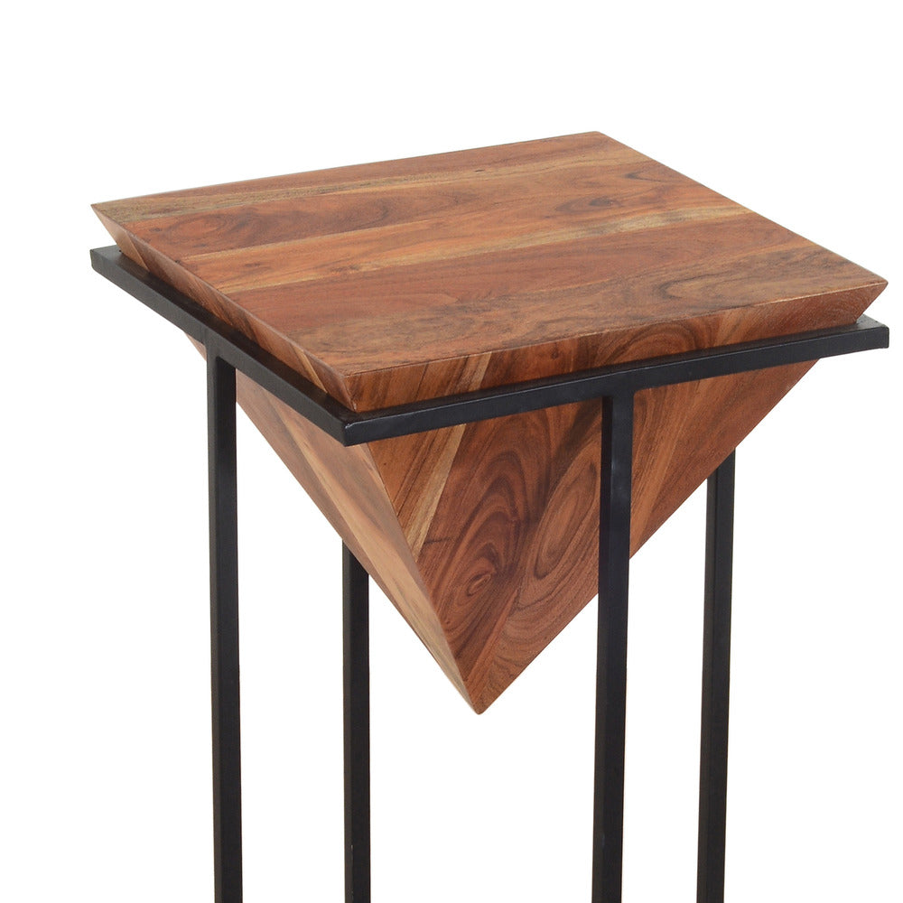 Ida 26 Inch Pyramid Shape Acacia Wood Side Table With Cross Iron Base, Brown and Black - UPT-199996