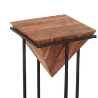 Ida 26 Inch Pyramid Shape Acacia Wood Side Table With Cross Iron Base, Brown and Black - UPT-199996