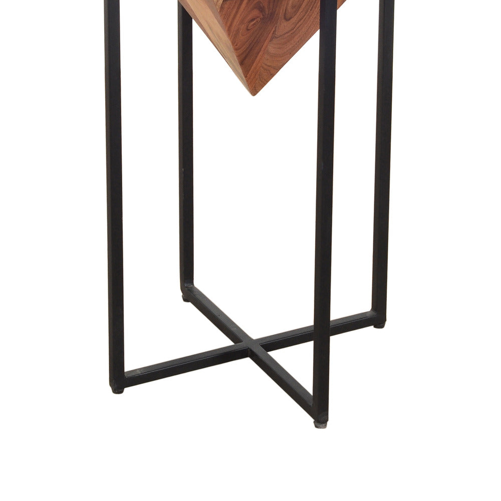 Ida 26 Inch Pyramid Shape Acacia Wood Side Table With Cross Iron Base, Brown and Black - UPT-199996