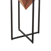 Ida 26 Inch Pyramid Shape Acacia Wood Side Table With Cross Iron Base, Brown and Black - UPT-199996