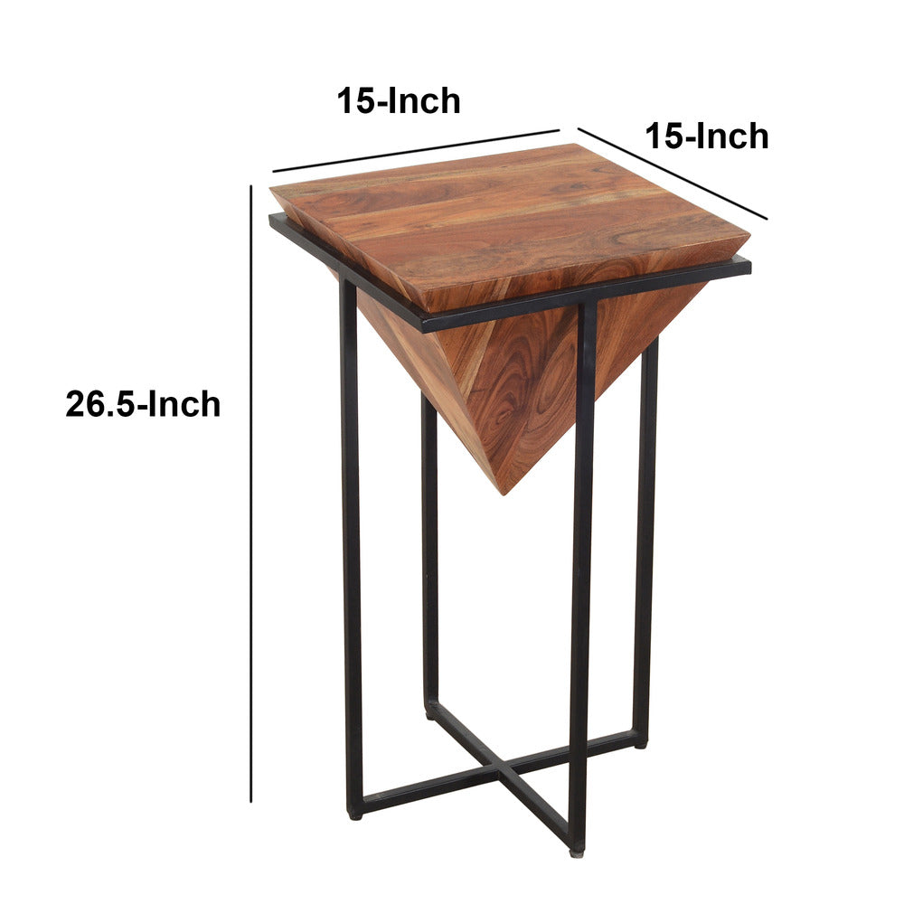 Ida 26 Inch Pyramid Shape Acacia Wood Side Table With Cross Iron Base, Brown and Black - UPT-199996