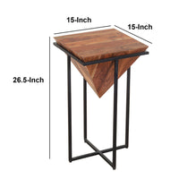 Ida 26 Inch Pyramid Shape Acacia Wood Side Table With Cross Iron Base, Brown and Black - UPT-199996